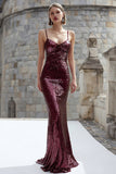 Sparkly Burgundy Mermaid Long Sequin Holiday Party Dress