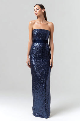 Sparkly Navy Sequin Strapless Long Holiday Party Dress