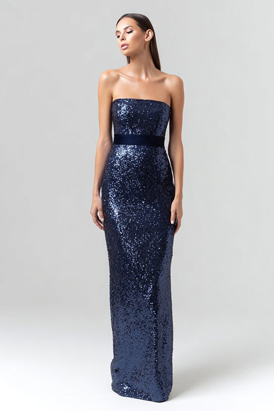 Sparkly Navy Sequin Strapless Long Holiday Party Dress