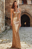 Sparkly Gold Mermaid Keyhole Sequin Long Holiday Party Dress