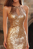 Sparkly Gold Mermaid Keyhole Sequin Long Holiday Party Dress