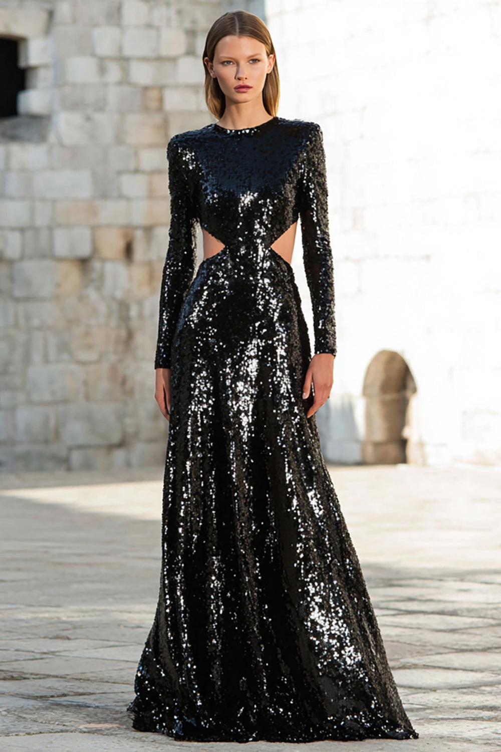 Sparkly Black Cut Out Sequin Long Sleeves Holiday Party Dress