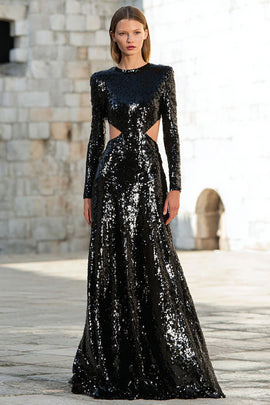 Sparkly Black Cut Out Sequin Long Sleeves Holiday Party Dress