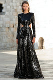Sparkly Black Cut Out Sequin Long Sleeves Holiday Party Dress
