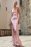 Sparkly Pink Mermaid Sequin Square Neck Long Holiday Party Dress
