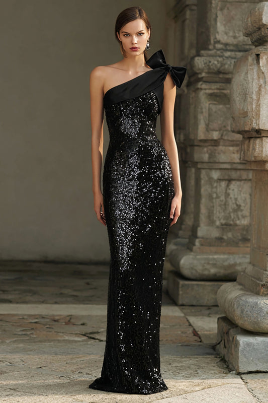 Sparkly Black Sequins One Shoulder Long Holiday Party Dress with Bow