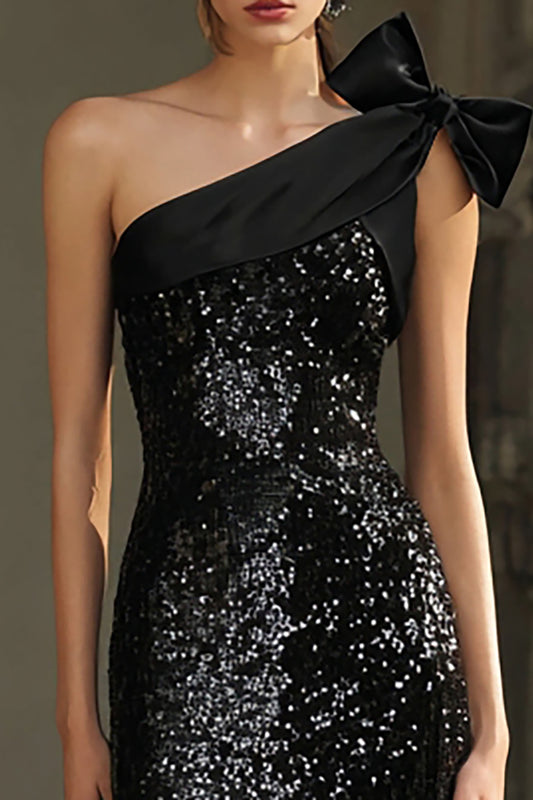 Sparkly Black Sequins One Shoulder Long Holiday Party Dress with Bow