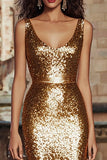 Sparkly Gold Sequin Scoop Neck Long Holiday Party Dress