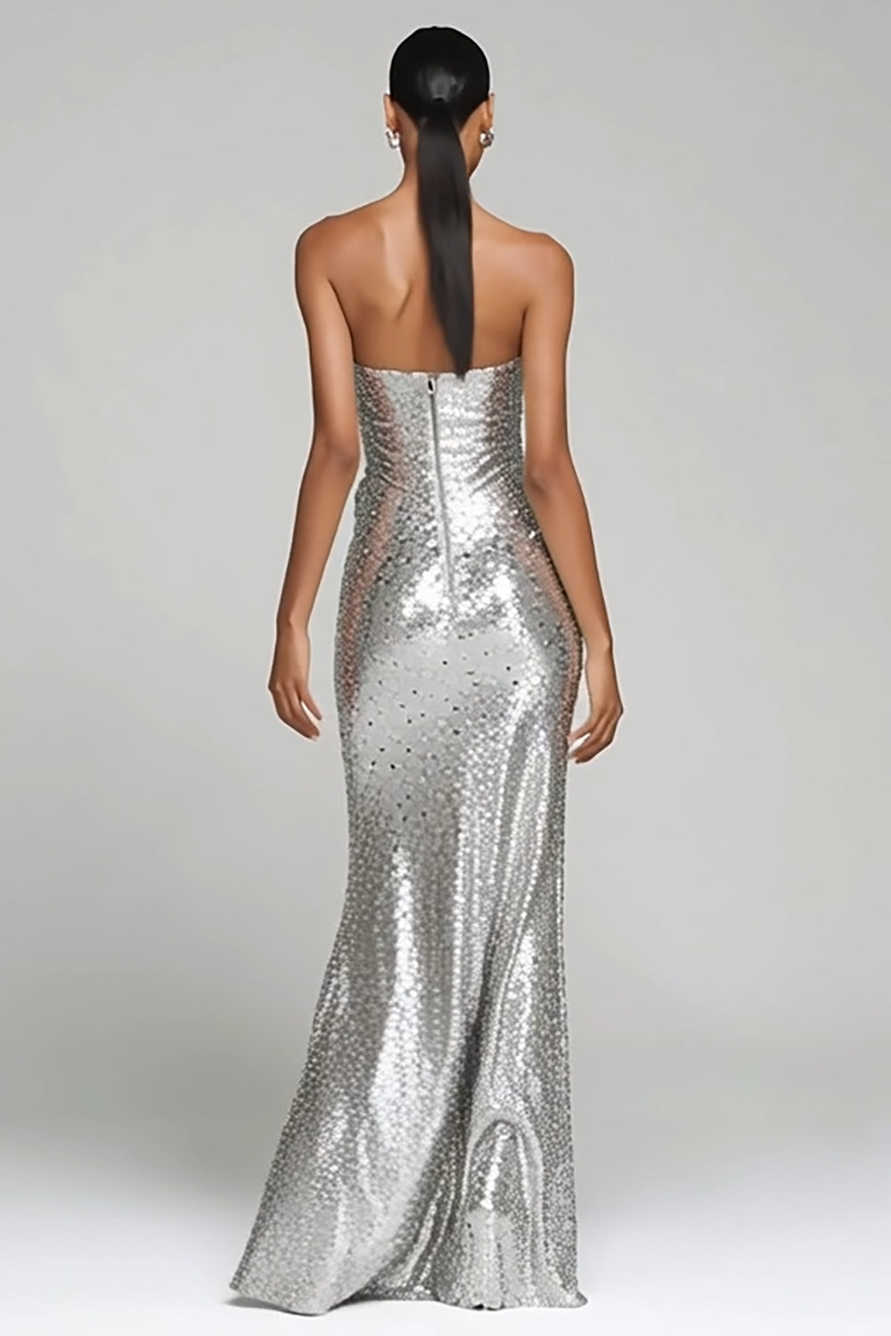 Sparkly Sequin Silver Strapless Long Holiday Party Dress with Slit