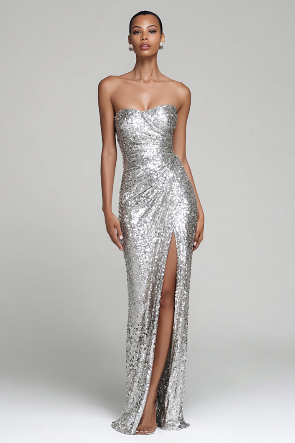 Sparkly Sequin Silver Strapless Long Holiday Party Dress with Slit