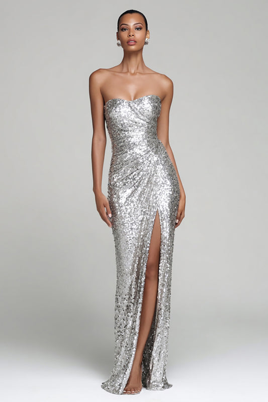 Sparkly Sequin Silver Strapless Long Holiday Party Dress with Slit