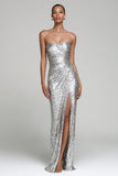 Sparkly Sequin Silver Strapless Long Holiday Party Dress with Slit