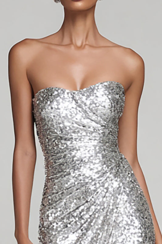 Sparkly Sequin Silver Strapless Long Holiday Party Dress with Slit