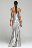 Sparkly Sequin Silver Strapless Long Holiday Party Dress with Slit