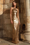 Sparkly Gold Sheath Halter Sequin Long Holiday Party Dress