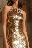 Sparkly Gold Sheath Halter Sequin Long Holiday Party Dress