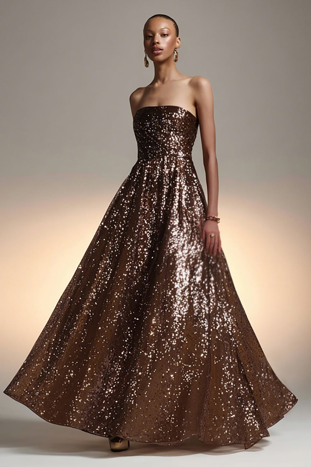 Sparkly Brown Sequin A Line Strapless Long Holiday Party Dress