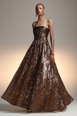 Sparkly Brown Sequin A Line Strapless Long Holiday Party Dress