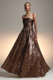 Sparkly Brown Sequin A Line Strapless Long Holiday Party Dress