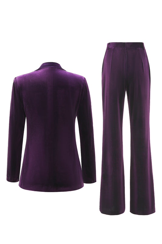 2 Piece Plum Velvet Peak Lapel Long Sleeves Prom Suits with Pockets