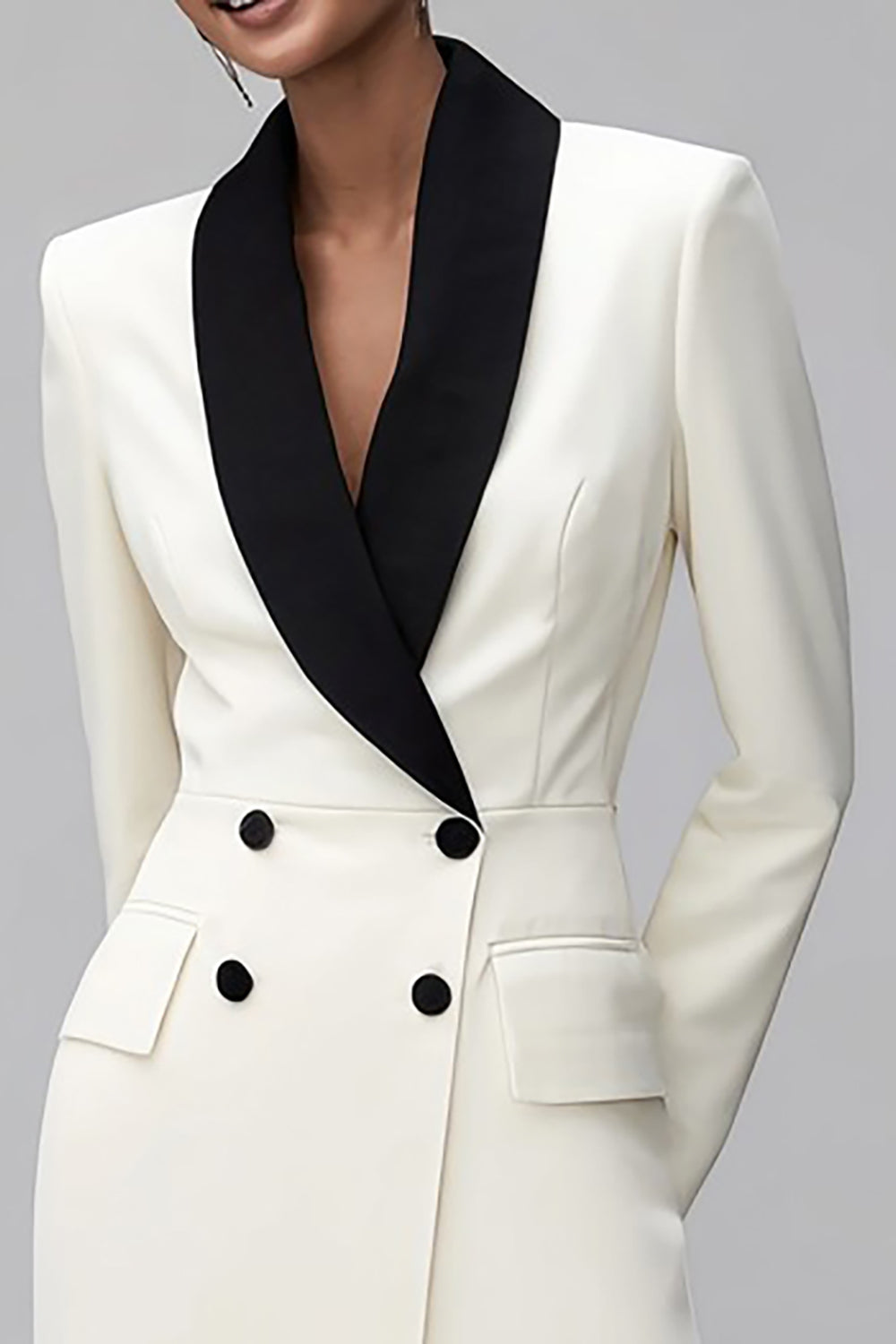 Ivory Black Shawl Lapel Double Breasted Short Blazer Dress with Sleeves