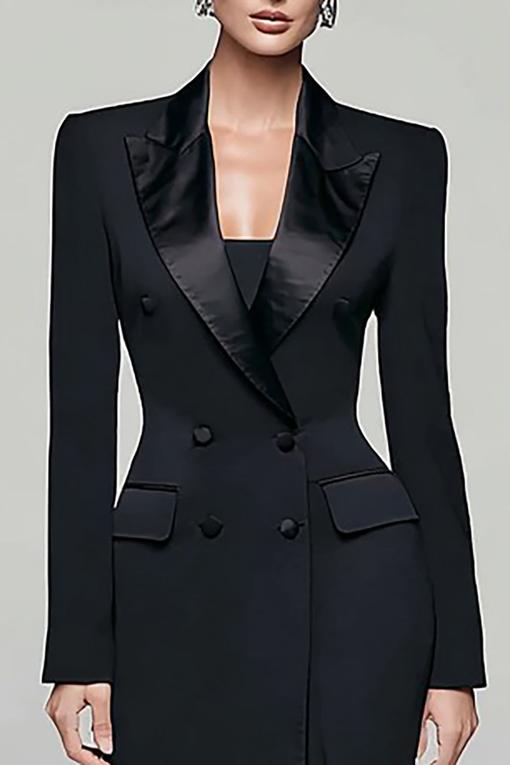 Black Pencil Peak Lapel Double Breasted Long Blazer Dress with Sleeves