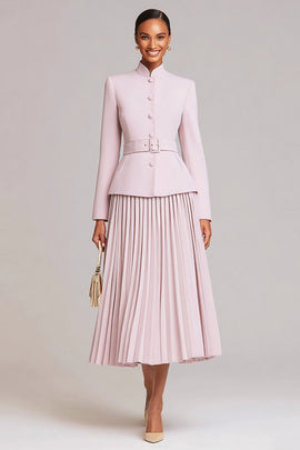 Light Pink Pleated High Neck 2 Piece Business Suits with Belt