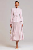Light Pink Pleated High Neck 2 Piece Business Suits with Belt