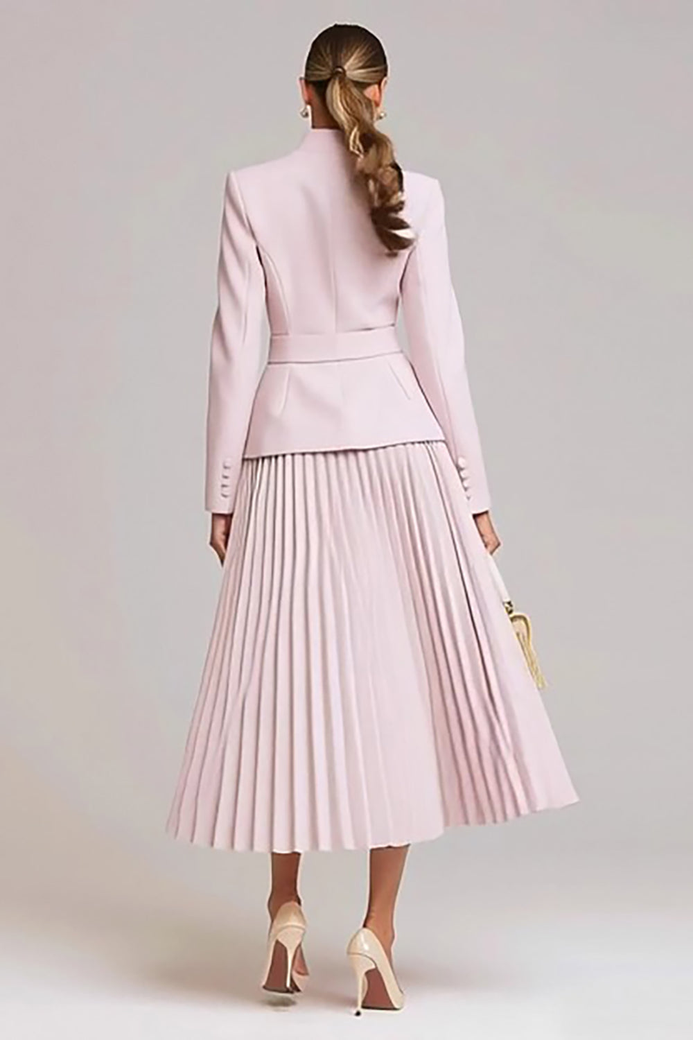 Light Pink Pleated High Neck 2 Piece Business Suits with Belt