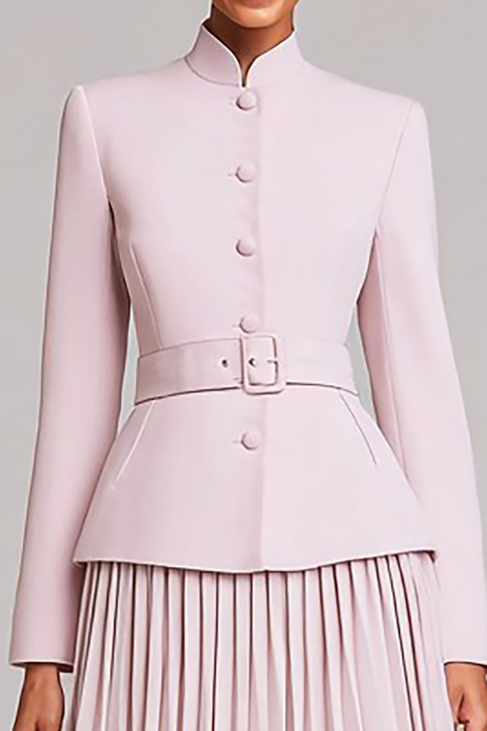 Light Pink Pleated High Neck 2 Piece Business Suits with Belt