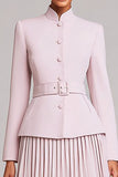Light Pink Pleated High Neck 2 Piece Business Suits with Belt