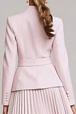 Light Pink Pleated High Neck 2 Piece Business Suits with Belt