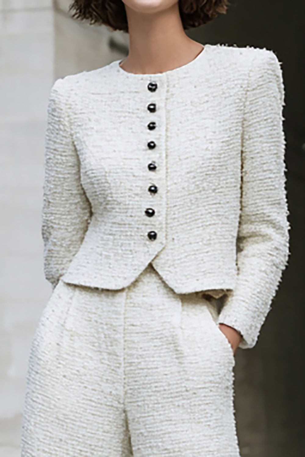 Ivory 2 Piece Long Sleeves Tweed Interview Outfits with Pockets