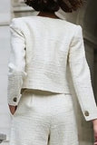 Ivory 2 Piece Long Sleeves Tweed Interview Outfits with Pockets