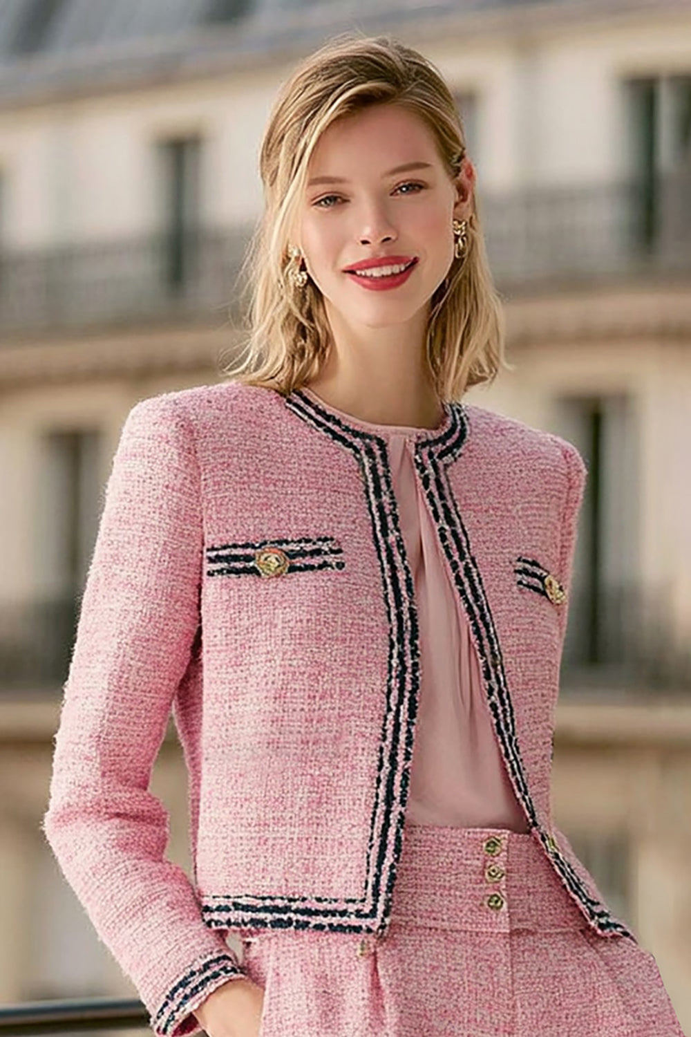 Pink Black 2 Piece Wide Leg Tweed Interview Outfits with Pockets