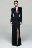 Black Peak Lapel Pencil 2 Piece Long Blazer Dress with Slit