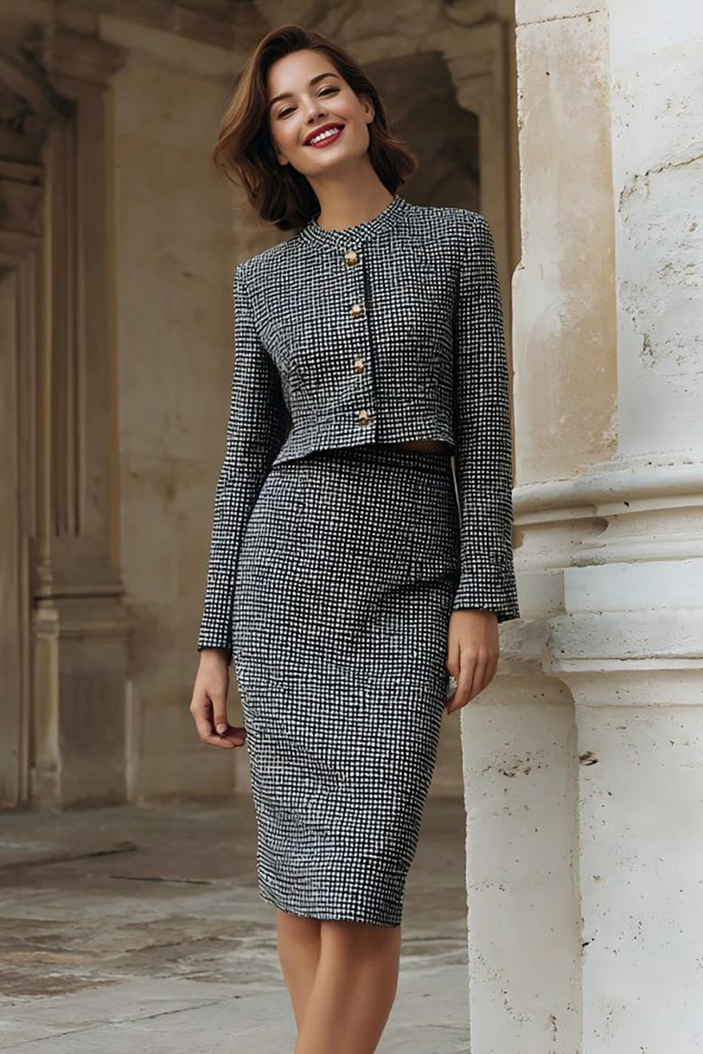 Grey 2 Piece Pencil Midi Tweed Interview Outfits with Slit