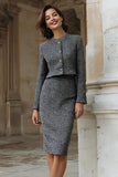 Grey 2 Piece Pencil Midi Tweed Interview Outfits with Slit