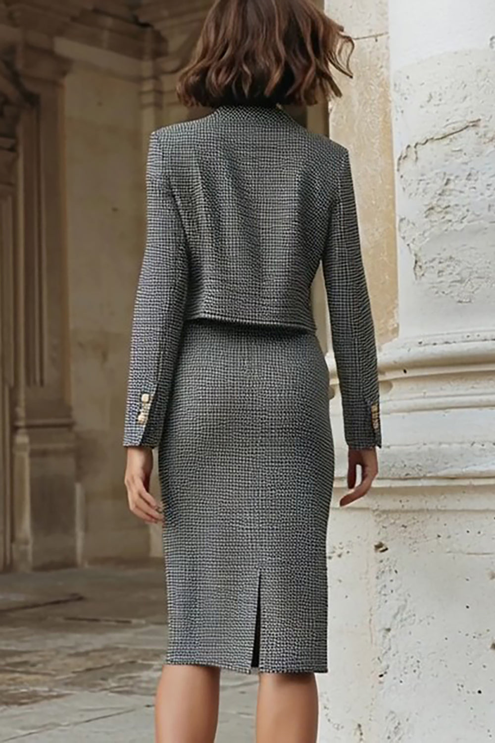 Grey 2 Piece Pencil Midi Tweed Interview Outfits with Slit