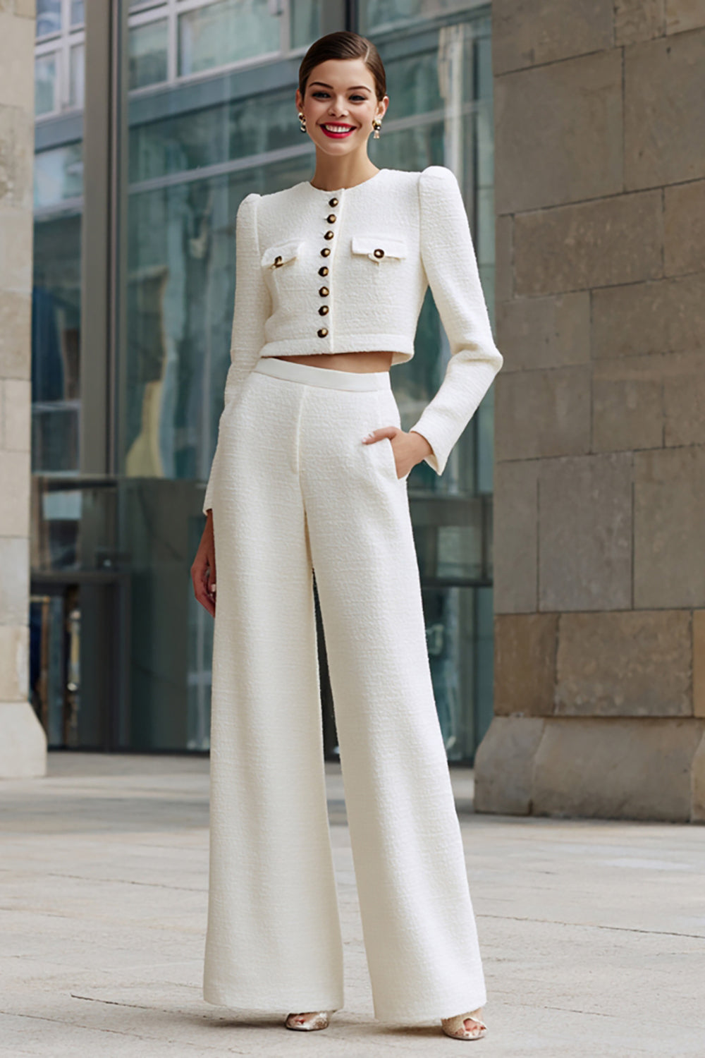 Ivory 2 Piece Single Breasted Tweed Interview Outfits with Pockets