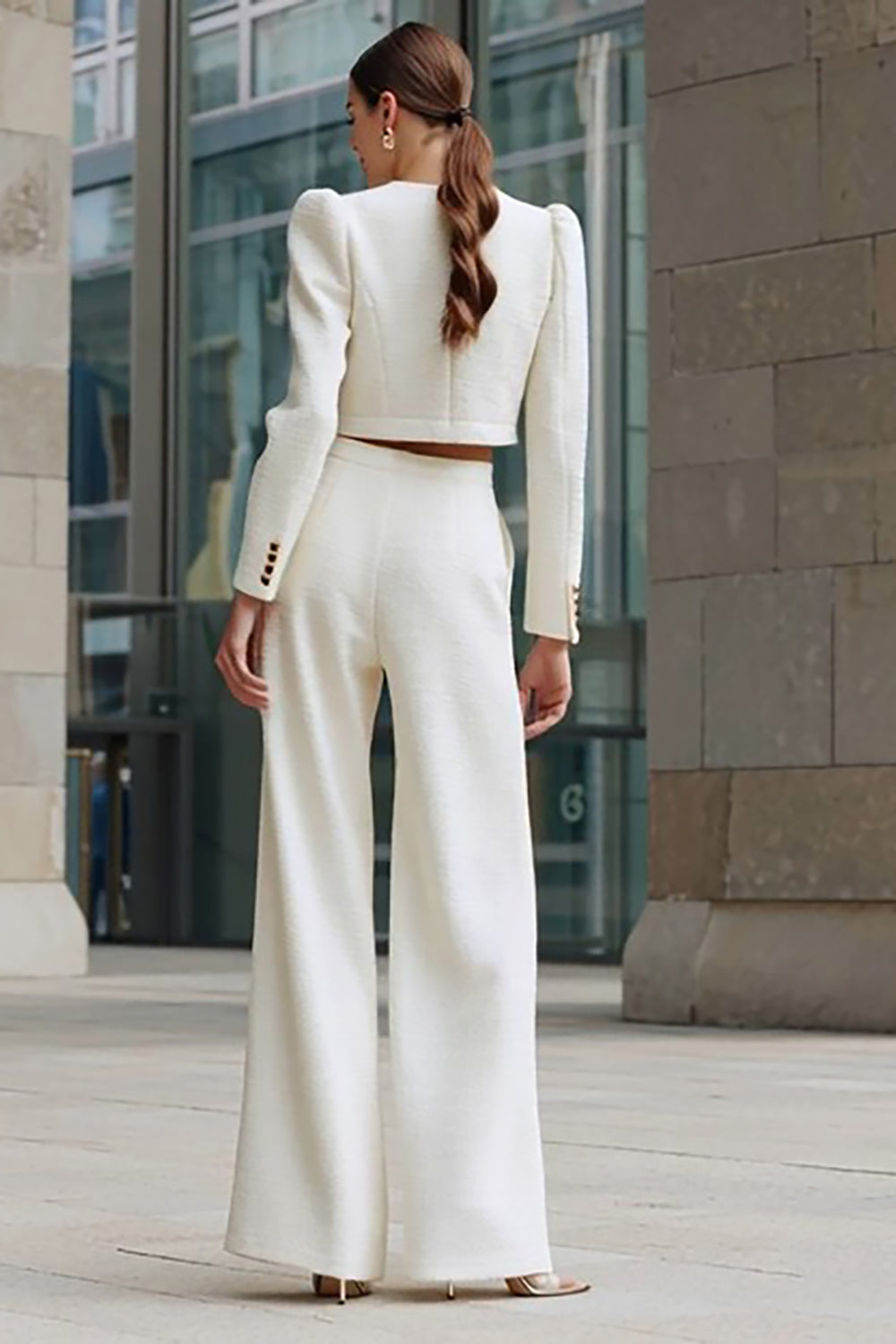 Ivory 2 Piece Single Breasted Tweed Interview Outfits with Pockets