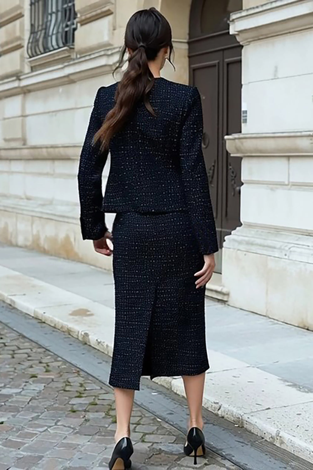 Black 2 Piece Single Breasted Tweed Interview Outfits with Slit