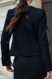 Black 2 Piece Single Breasted Tweed Interview Outfits with Slit