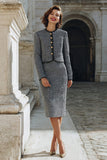 Grey Single Breasted 2 Piece Tweed Pencil Midi Interview Outfits