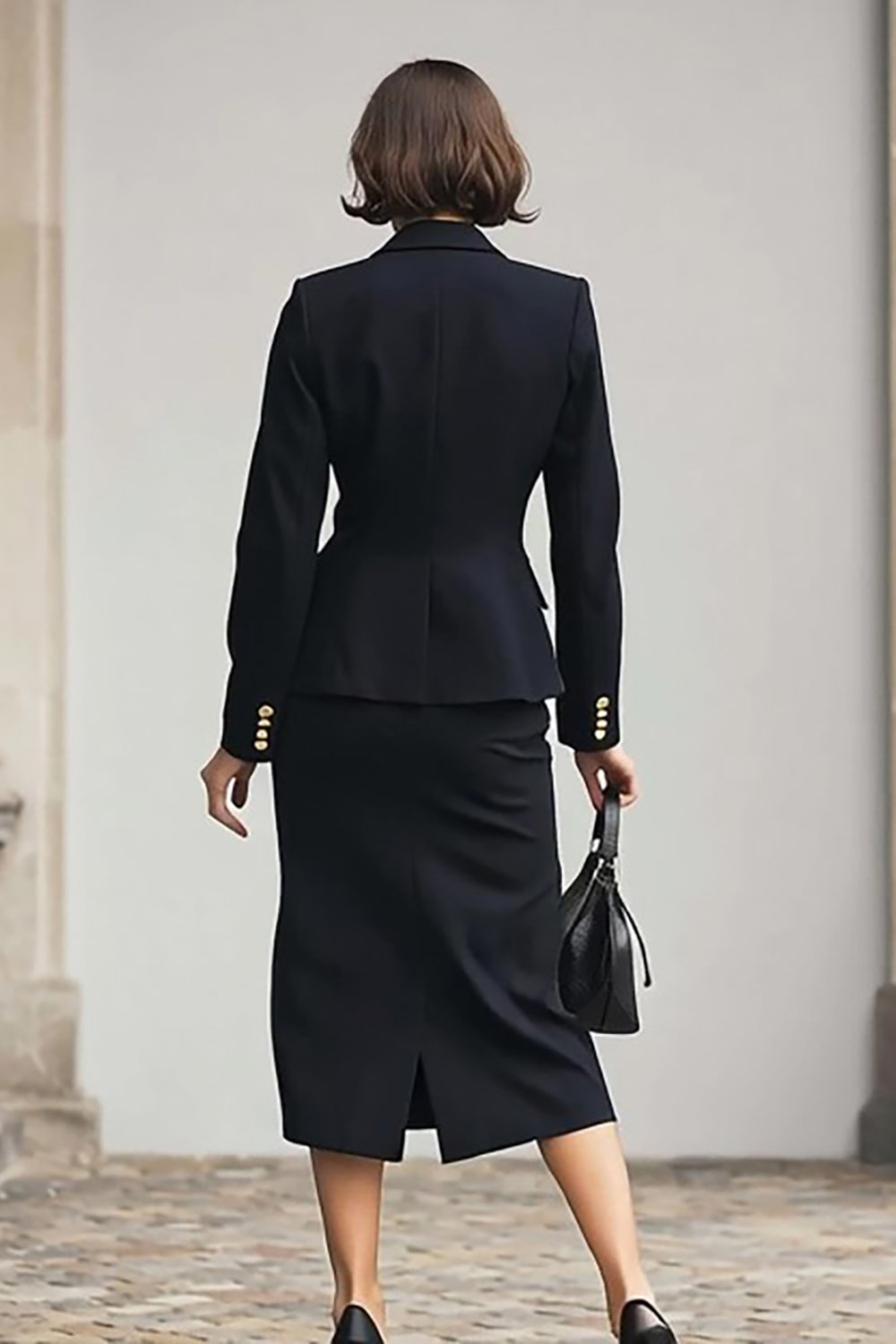 Black Two Piece Notched Lapel Pencil Midi Business Suits