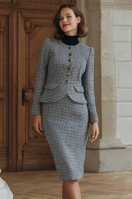 Grey 2 Piece Single Breasted Pencil Midi Tweed Interview Outfits