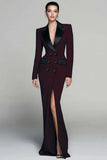 Burgundy Peak Lapel Double Breasted Long Blazer Dress with Slit