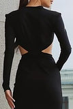 Black Cut Out Pencil Midi Work Dress with Sleeves