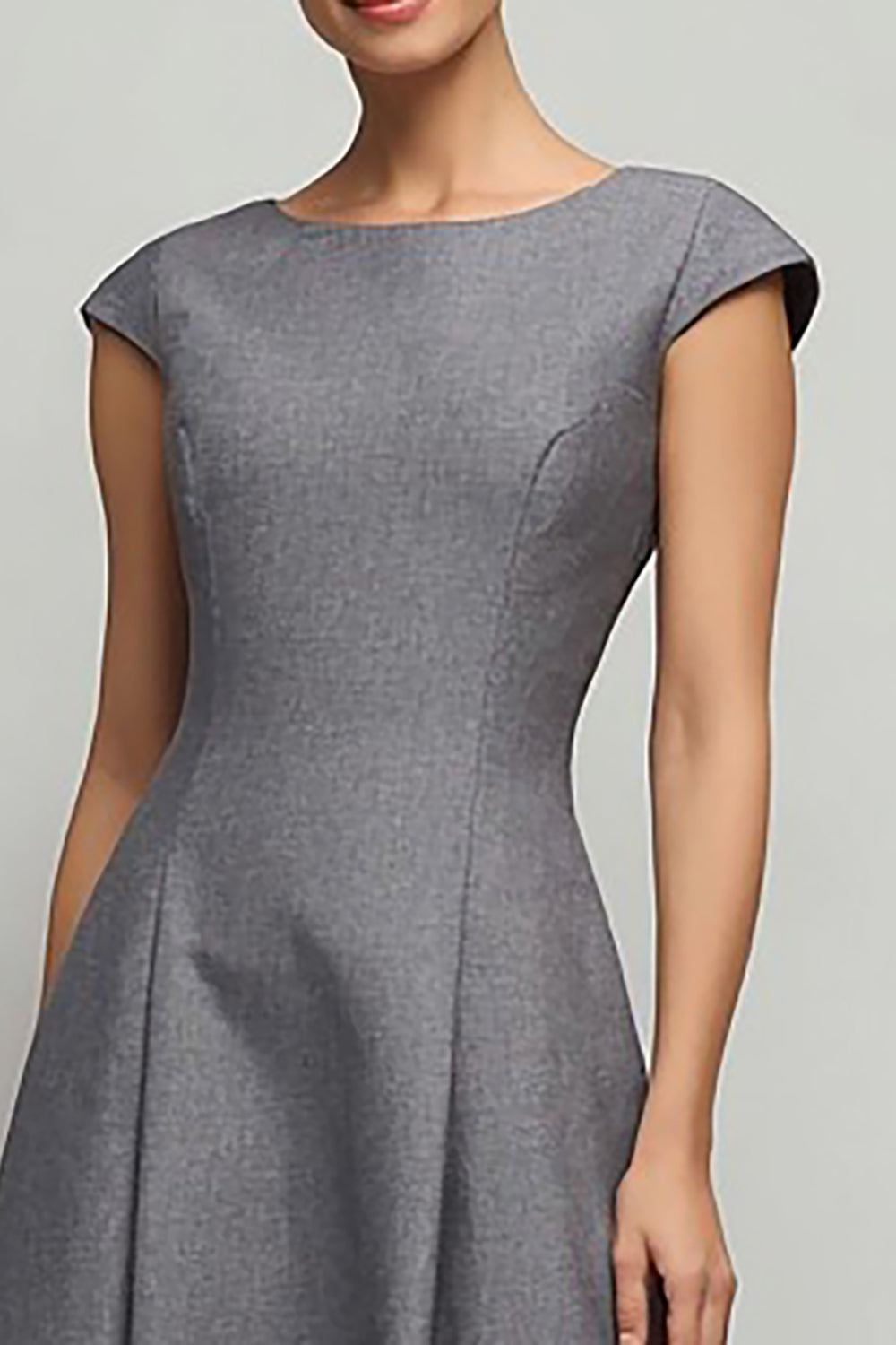 Simple Grey Boat Neck A Line Midi Work Dress with Sleeves