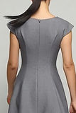 Simple Grey Boat Neck A Line Midi Work Dress with Sleeves